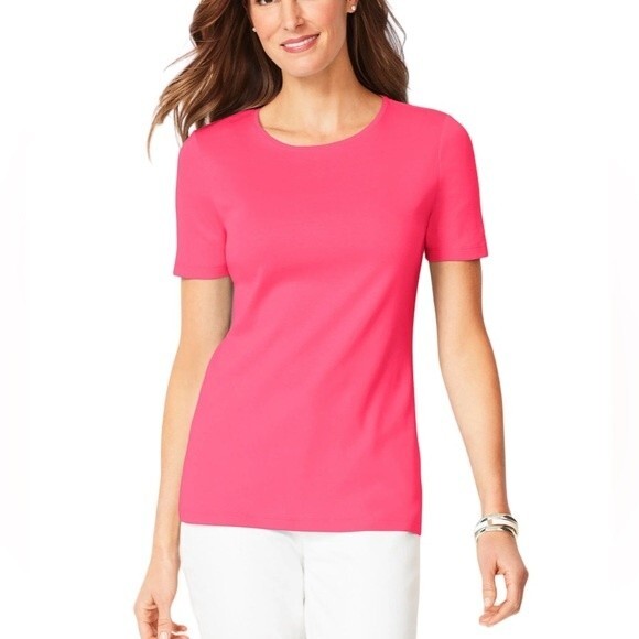 Talbots Tee 100% Pima Cotton Hot Pink Top Crew Neck Short Sleeve Barbiecore Soft - Picture 1 of 11